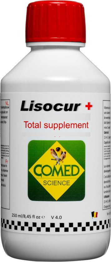 Witte fles met rode dop, etiket met 'Lisocur + Total supplement' en logo.