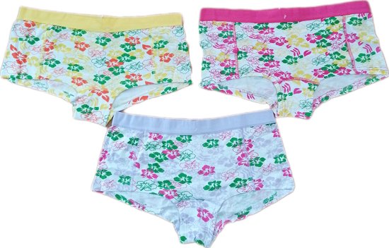 Dames - Hipster - Ondergoed - Set van 3 - Bloem Motief - Kleur Donkerroze, Geel, Paars - Maat 36