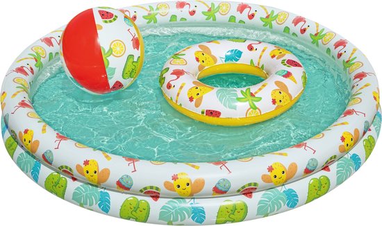 Piscine Bestway avec bouée et ballon de plage - Piscine gonflable - Piscine pour tout-petits - Set de 3 - ⌀ 120 cm