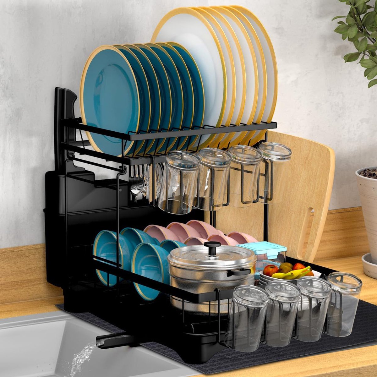 Goedkoopste Afdruiprek, 2 niveaus, uitneembaar afdruiprek, afdruiprek voor borden met grote capaciteit, afdruiprek met 2 bekerhouders, extra droogmat (zwart