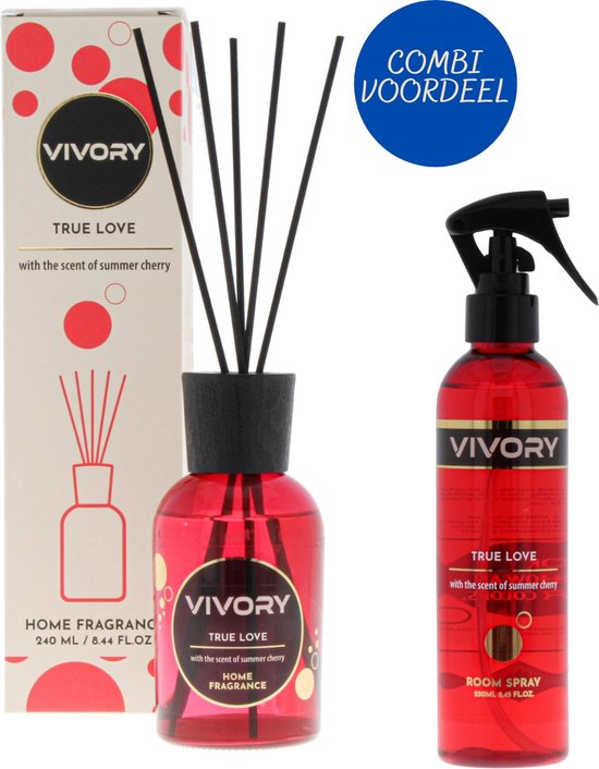 Vivory Luxe Geurstokjes 240ml & roomspray 250ml, met de subtiele maar aanwezige geur van rijpe zomerse kersen VOORDEELAANBIEDING uit de True Love collectie