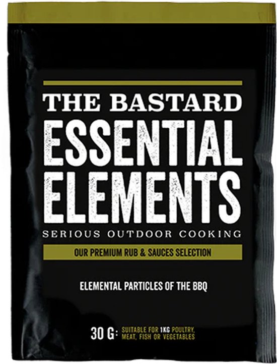 The Bastard Essential Elements kruidenmix, 30g, met groene en zwarte verpakking.