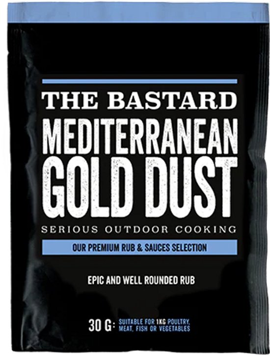 The Bastard Mediterranean Gold Dust kruidenmix, 30g, met lichtblauwe en zwarte verpakking.