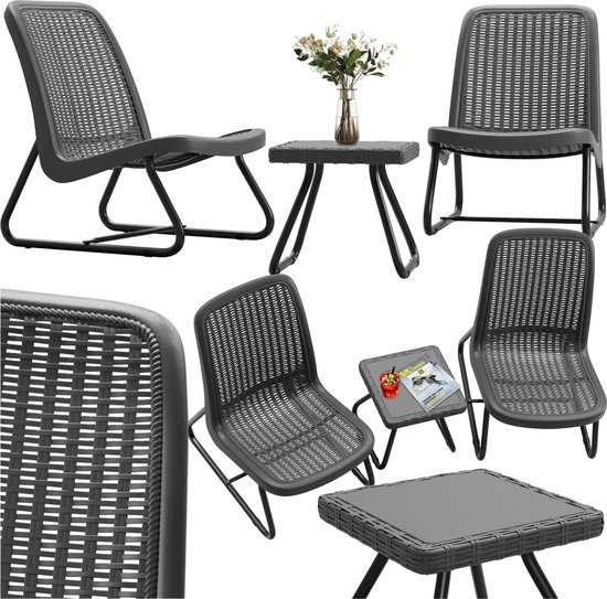 tectake® - Salon de jardin pour 2 personnes - Mobilier d'extérieur résistant aux intempéries pour balcon - Salon de jardin - Meubles de terrasse - Groupe de sièges avec 2x chaises longues et 1x table d'appoint de jardin - aspect rotin - gris