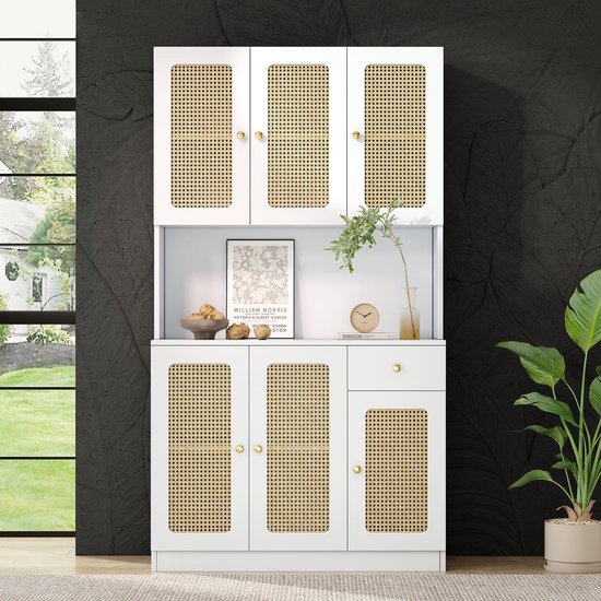 Sweiko Elegant Wit Rotan Kast, met 6-rotan deuren en een Wit lade met open opbergruimte in het midden, woonkamer Dressoir, entreekast, eetkamer kast