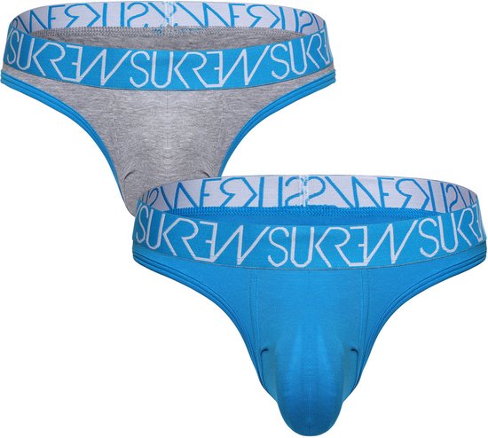 Sukrew Classic Thong Multipack 1 x Grey Marl + 1 x Azure - Size XL - MAAT XL - Heren Ondergoed - Slip voor Man - Mannen Slip