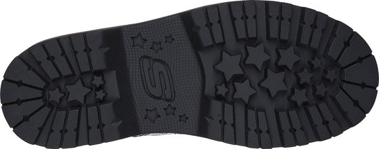 Zwarte buitenzool van Skechers laars met ster- en 'S'-logo profiel.