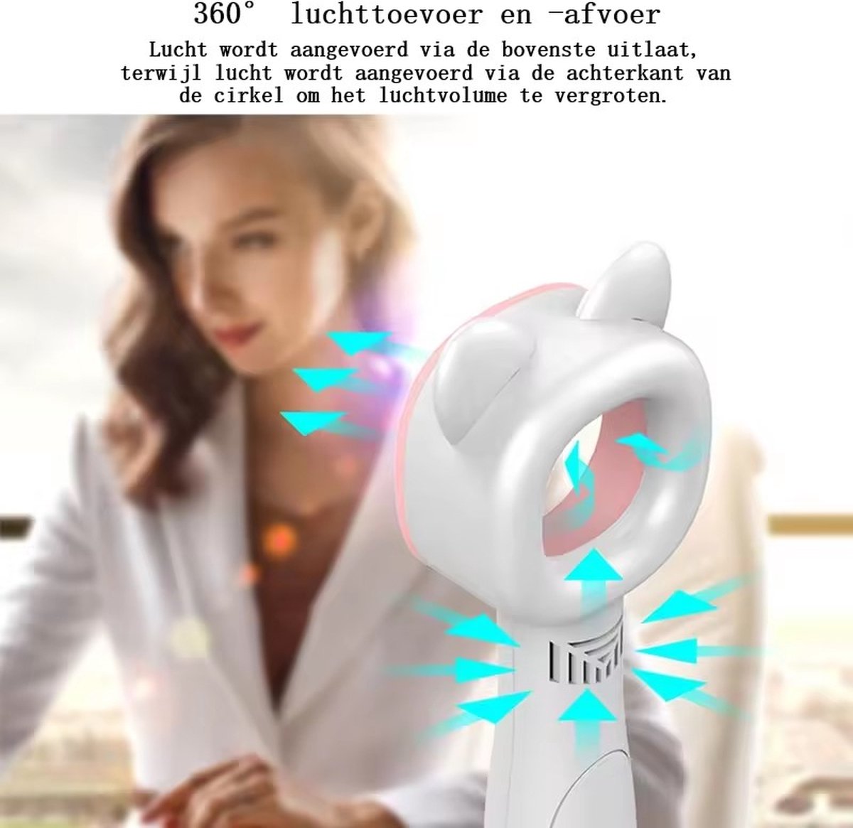DMV Ventilator - Draadloze - Portable Fan - Bladeless - Bladloos - 3 snelheden - Handventilator - USB Kabel - Kindvriendelijk - Diervriendelijk - Wit/Roze — afbeelding 4