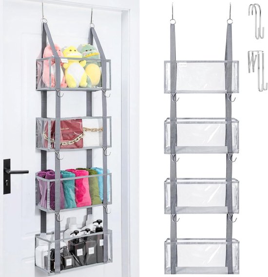 Foto: Opberg hangrek voor aan de deur grijs ophangrek met 4 grote vakken hangende kledingkast hangende organizer met 2 metalen haken slaapkamer kinderkamer kantoor 135 x 38 x 15 cm ophangzak ophangkast opbergkast hangend