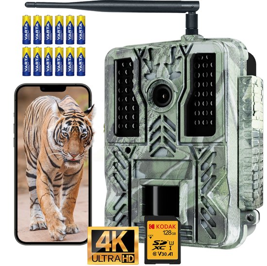 FAVE® professionele wildcamera - Met nachtzicht – Wifi & APP - 4K & 48MP - Voor buiten – Buitencamera – Nachtcamera – Met sensor – Wildlife camera’s – Incl. 128GB SD kaart – Incl. 12 AA batterijen