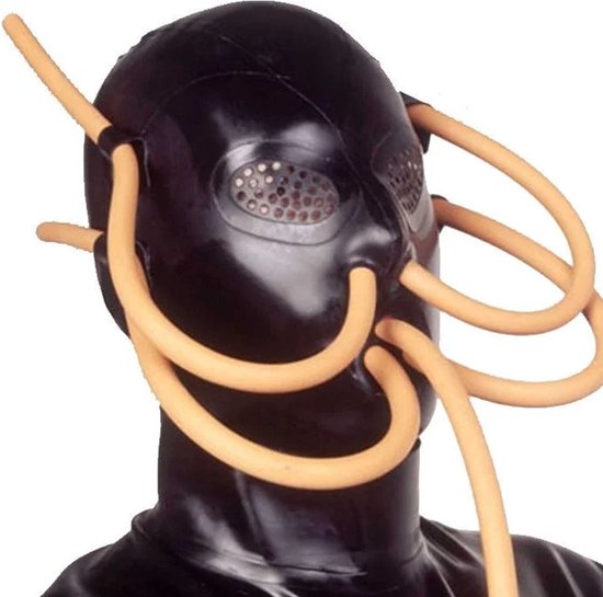 Extreme Latex BDSM Masker met beademingsbuizen - Fetisj - Rubber - Unisex - Gummi - Zeer goede kwaliteit en echte latex - Hevige bondage