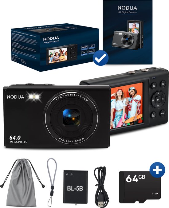 Foto: Nodija digitale camera 4k compact camera 64mp fototoestel videocamera 64gb sd kaart