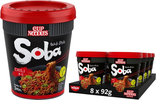 Nissin Soba Cup Noodles - Chili Wok Style Noedels - Instant Noodles - Vegan - 8 stuks
