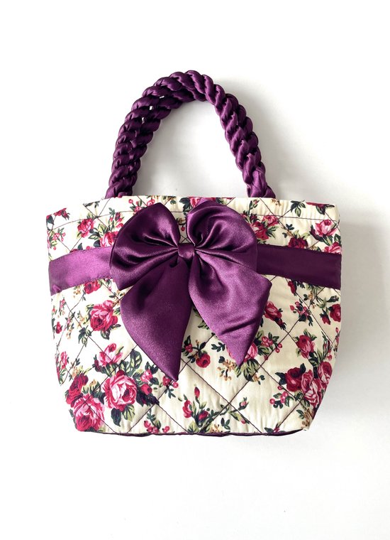 Petit sac à main d'été pour femme/fille, violet et blanc avec un nœud