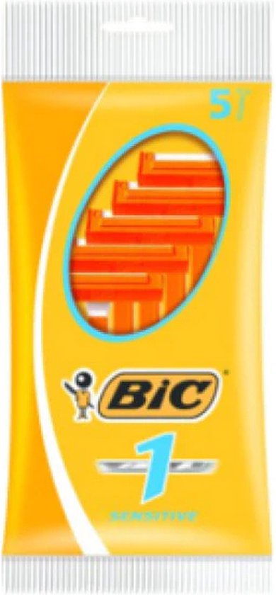 Verpakking met 5 BIC 1 Sensitive wegwerpscheermesjes. Oranje handvatten en mesjes.