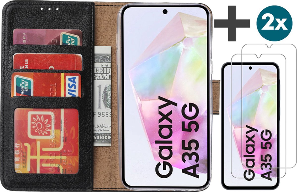 Hoesje met 2 Stuks Screenprotectors Geschikt voor Samsung Galaxy A35 – Arara bookcase met pasjeshouder - Zwart