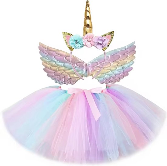 Unicorn Verkleed Outfit - Unicorn Rok / Tutu, Eenhoorn Haarband & Glitter Vleugels - Geschikt voor Kinderen van 2 tot 6 Jaar - Unicorn Verkleden - Carnaval Outfit voor Kinderen - Meisjes & Prinsessen Outfit - Eenhoorn / Paarden / Unicorn Glitter Set