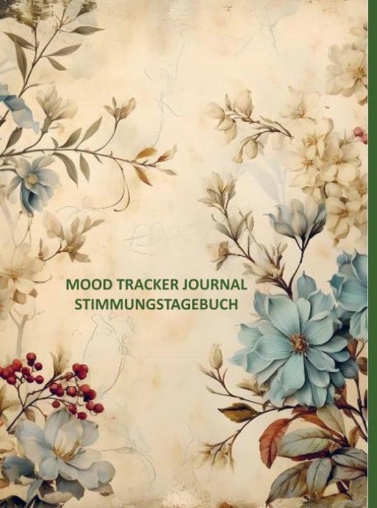 Mood Tracker Journal Stimmungstagebuch avec des fleurs aquarelle bleues, crème et marron.