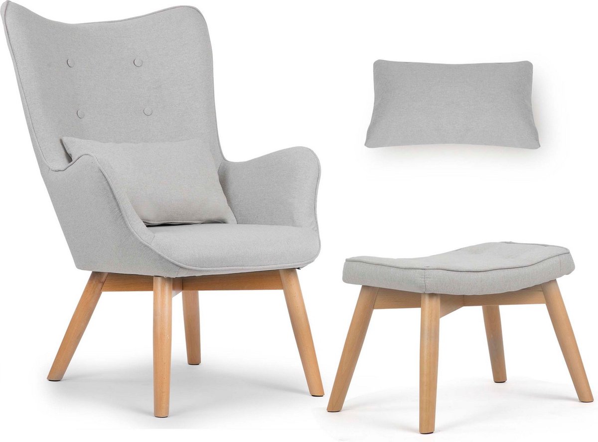 Norse Fauteuil "Oorfauteuil" met Voetenbank – Lichtgrijs