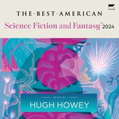Boekomslag van The Best American Science Fiction and Fantasy 2024, bewerkt door Hugh Howey. Abstracte illustratie met roze, blauwe en turquoise tinten.