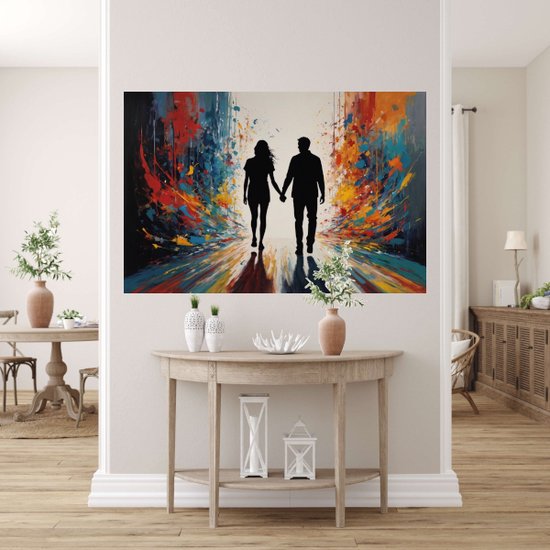 Main dans la main dans un monde de portrait en couleur - Portrait de couple - Peinture sur toile Personnes - Décoration murale industrielle - Toile avec cadre de cuisson cuisine - Toile de Décoration murale avec cadre de cuisson 100x75 cm