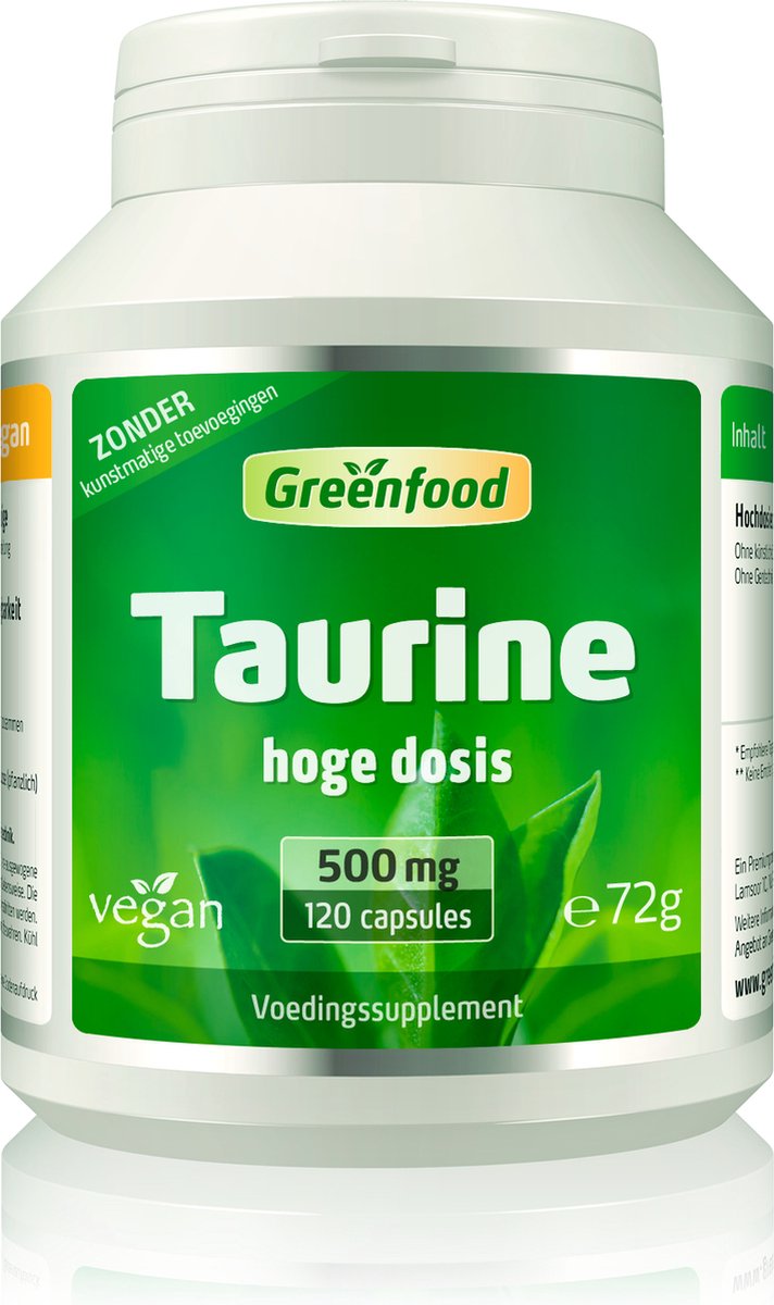 Goedkoopste Greenfood Taurine, 500 mg, hoog gedoseerd, 120 capsules - bekend van energiedrankjes. Zonder kunstmatige toevoegingen. Zonder genetische manipulatie. Veganistisch.