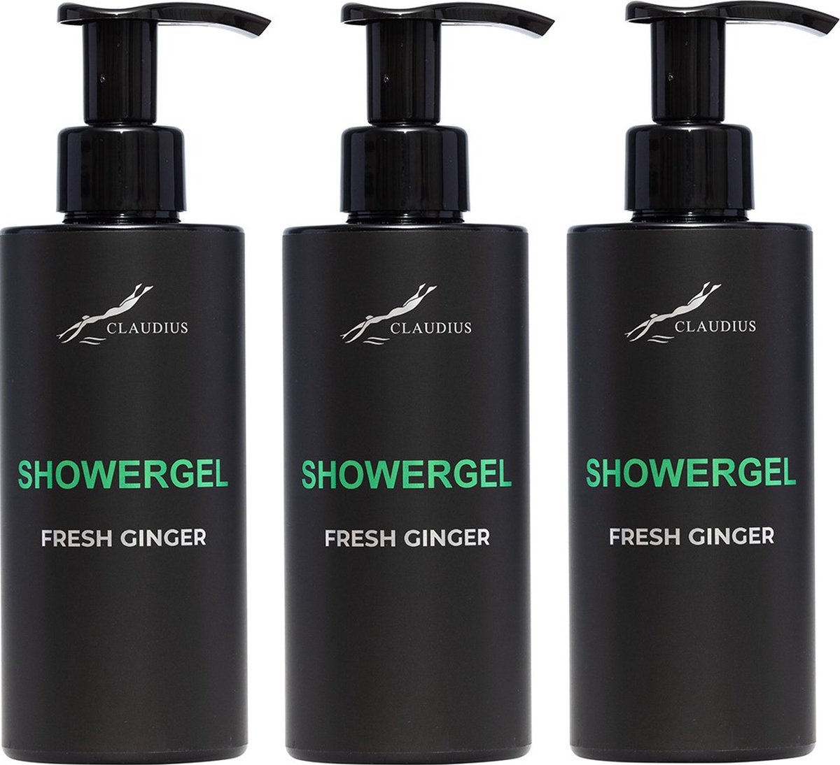 Goedkoopste Showergel Fresh Ginger 300 ml - met pomp - zwarte fles - set van 3 stuks - Douchegel - Voordeelverpakking
