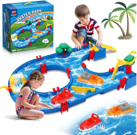 Foto: Vatos water speelbaan water speelbaan waterpark water speelgoed water speelgoed voor kinderen mini waterpark buitenspeelgoed 39 delig blauw speelset op tafel grond of strand voor kinderen