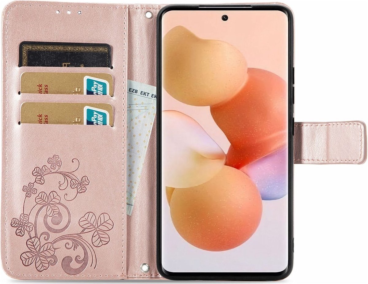 Mobigear Telefoonhoesje geschikt voor Xiaomi 12 Lite Hoesje | Mobigear Clover Bookcase Portemonnee | Pasjeshouder voor 3 Pasjes | Telefoonhoesje voor Pinpas / OV Kaart / Rijbewijs - Roségoud