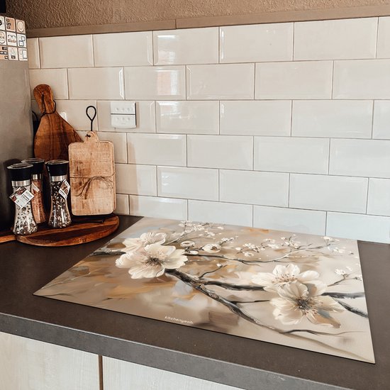 KitchenYeah® Protection plaque induction 71x52.5 cm - Fleurs - Abstrait - Peint - Beige - Protege plaque de cuisson - Couvre plaque induction - Protecteur d'induction - Cuisine