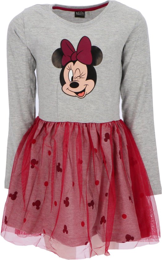 Grijs jurkje met lange mouwen en een rode tule rok met muisjesprint. Op de voorkant staat een lachende Minnie Mouse met strik.