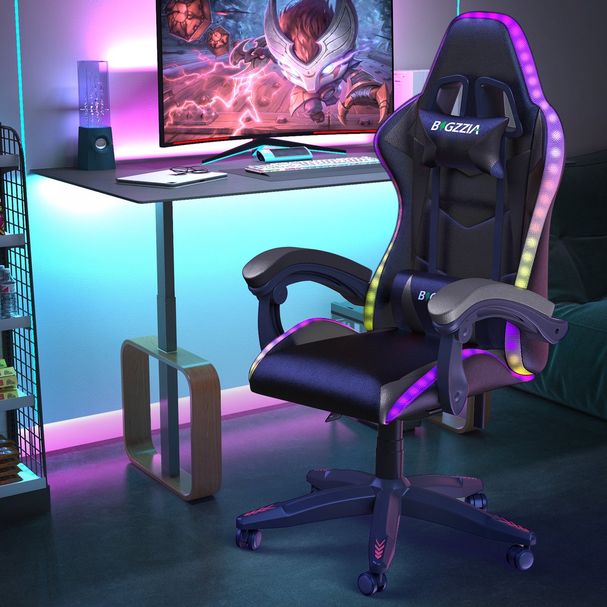 Gaming stoel met LED lichteffecten - Ergonomische Bureaustoel - Verstelbare rugleuning - LED Gaming stoel met lendensteun en hoofdsteun - Zwart – foto 4
