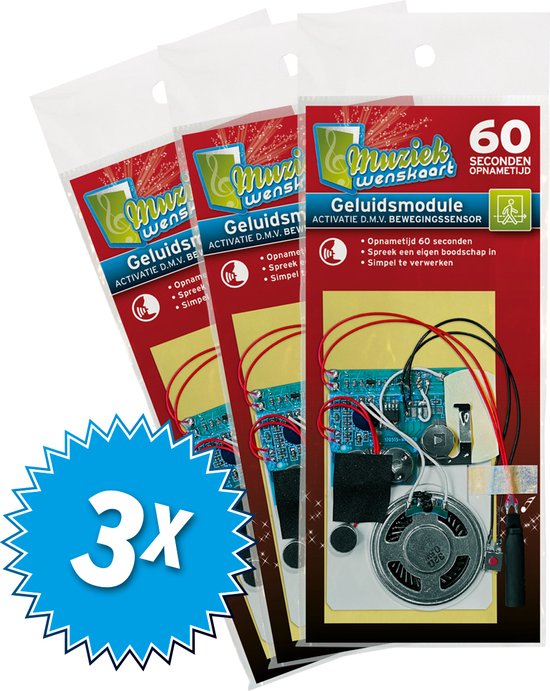 3x Geluidsmodule 60 sec. - geactiveerd door bewegingssensor - zelf opneembaar - spreek je eigen boodschap in - simpel te verwerken