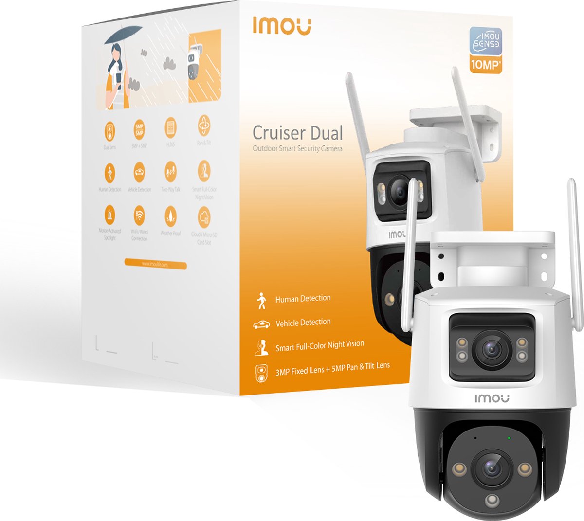 Imou Cruiser Dual 10MP - Beveiligingscamera Voor Buiten - Wit - Camera Met Verstelbare Dubbele Lens (2 x5MP) - 360° Dekking - Accurate Persoons- En Voertuigdetectie - Nachtzicht Continue In Kleur - Sirene - IP66 Bestemd Tegen Zware Weeromstandigheden