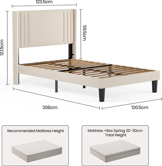 Bealife BF45 Cadre de lit - 200 x 120 cm - Tête de lit et sommier à lattes - Beige