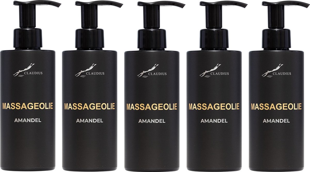 Goedkoopste Massageolie Amandelolie 300 ml - met pomp - zwarte fles - 100 natuurlijk - biologisch en koud geperst - set van 5 stuks - Voordeelverpakking
