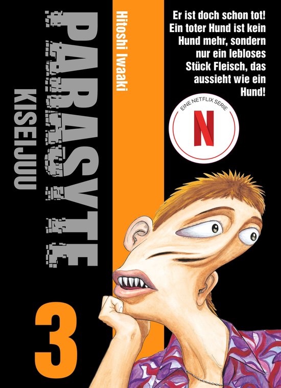 Manga 'Parasyte', deel 3, met een tekening van een man met een vervormd gezicht en de titel.