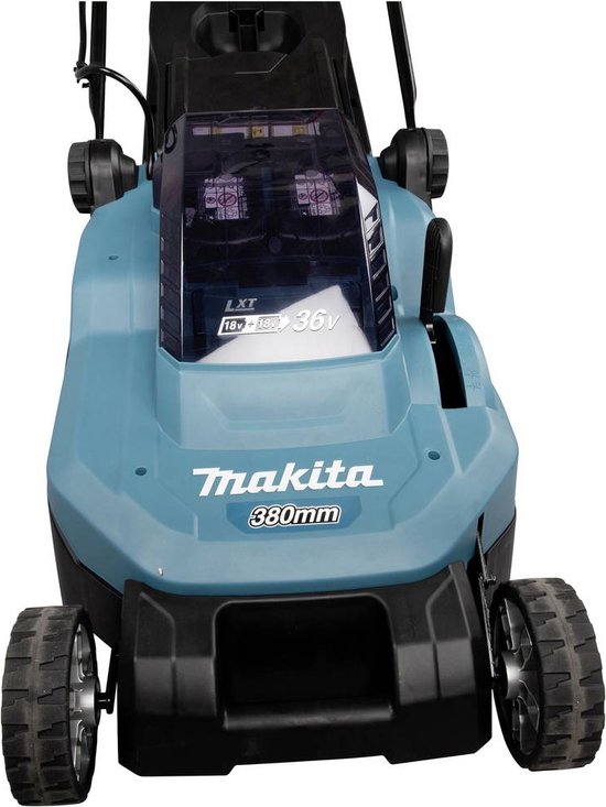 Vooraanzicht van een turquoise Makita grasmaaier met 380mm snijbreedte.