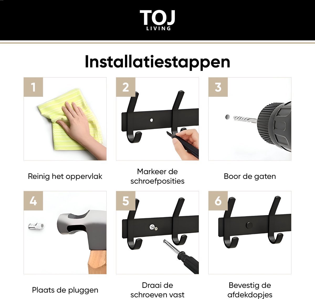 TOJ Wandkapstok Met 10 Haken - Muur / Wand Kapstok   Handdoekrek   Industrieel   Rvs   Mat Zwart 759323859