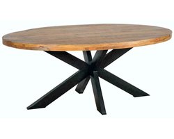 Eettafel - Tafel - Ovaal 5 cm dik - Mango hout - Naturel - 180x90x77 - Spinpoot metaal - Mat gelakt