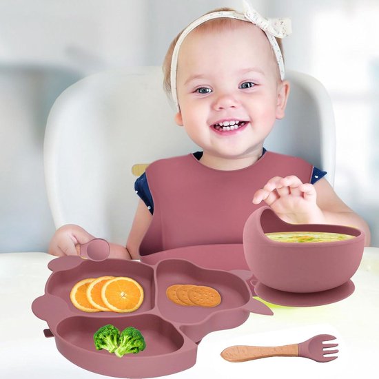 Kinderservies Set Siliconen - Roze - Voederset Baby met Bord - Schaal met Zuignap - Lepel Vork - Slabbetje - Antislip - Waterdicht - Veilige Training - Servies Set voor Kinder Meisje - Leren Eten van Kinder — afbeelding 4