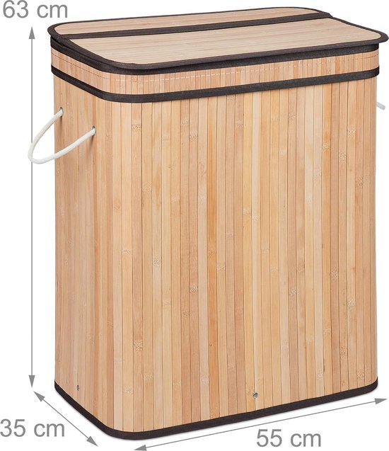 Panier à linge en Bamboe 3 compartiments - 30 L par compartiment - Couvercle et poignées - HBD 63 x 55 x 35 cm - Coloris naturel