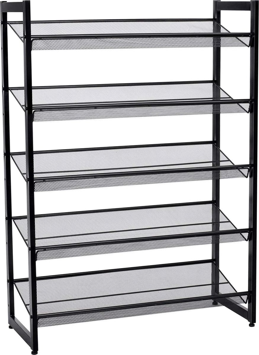 Furnstar Stapelbaar schoenenrek - 5 laags schoenenorganizer - Metalen schoenenplank met verstelbare platte of schuine planken - Beschermrails - 30.5 x 74 x 103.8 cm - Biedt plaats aan 15 - 20 paar - Zwart