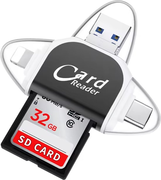 Cardreader - SD Pro - 4 in 1 Kaartlezer - Geschikt voor iPhone & Samsung - USB-C - Geheugenkaartlezer - Bestanden gemakkelijk overzetten - Zwart