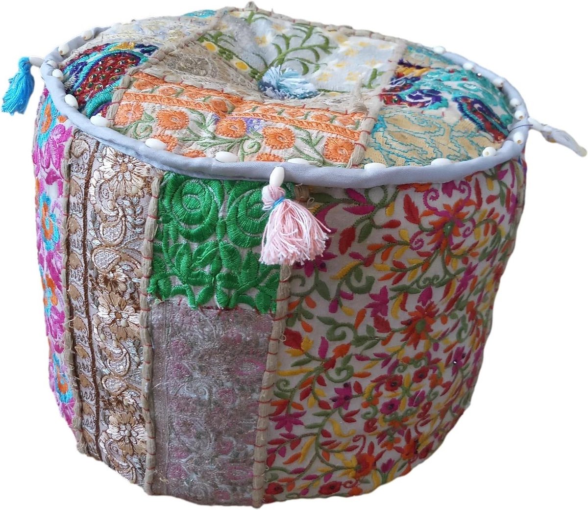 Indianen bohemien stijl Ottomaanse poef - interieur voetenbank vloer kussen - indiase geborduurd patchwork stoel - grijs
