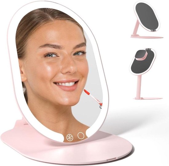 Auxmir Make-upspiegel met verlichting, 1 x make-upspiegel met 10 x vergroting, 3 lichtkleuren en dimbare helderheid, 2000 mAh oplaadbaar, tafelspiegel, led-make-upspiegel met legplank