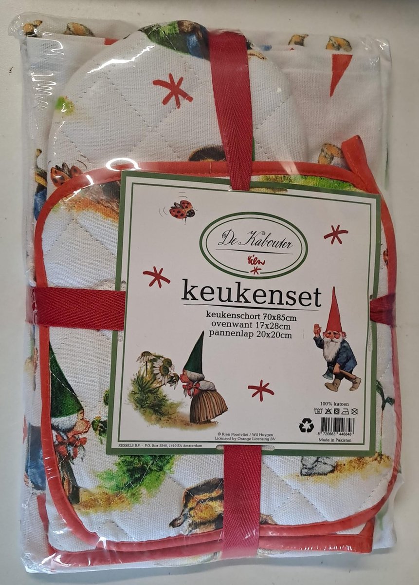 Keukenset Kabouters Rien Poortvliet - 3 delige set Keukenschort - Ovenwant - Pannenlap