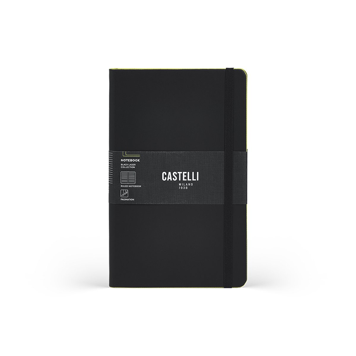 Notitieboek A5 Castelli Milano – 13×21 cm - Zwart - Black Laser / Acid Green – gelinieerd – luxe Italiaans design – Made in Italy