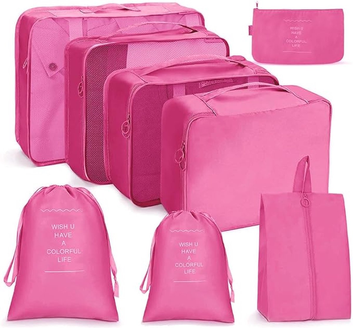 Packing Cubes, koffer-organizerset, 8-delig, waterdichte reis-kledingtassen, paktassen voor koffer, verpakkingskubus met schoenentas, USB-kabel (roze-rood) Merk: OSDUE