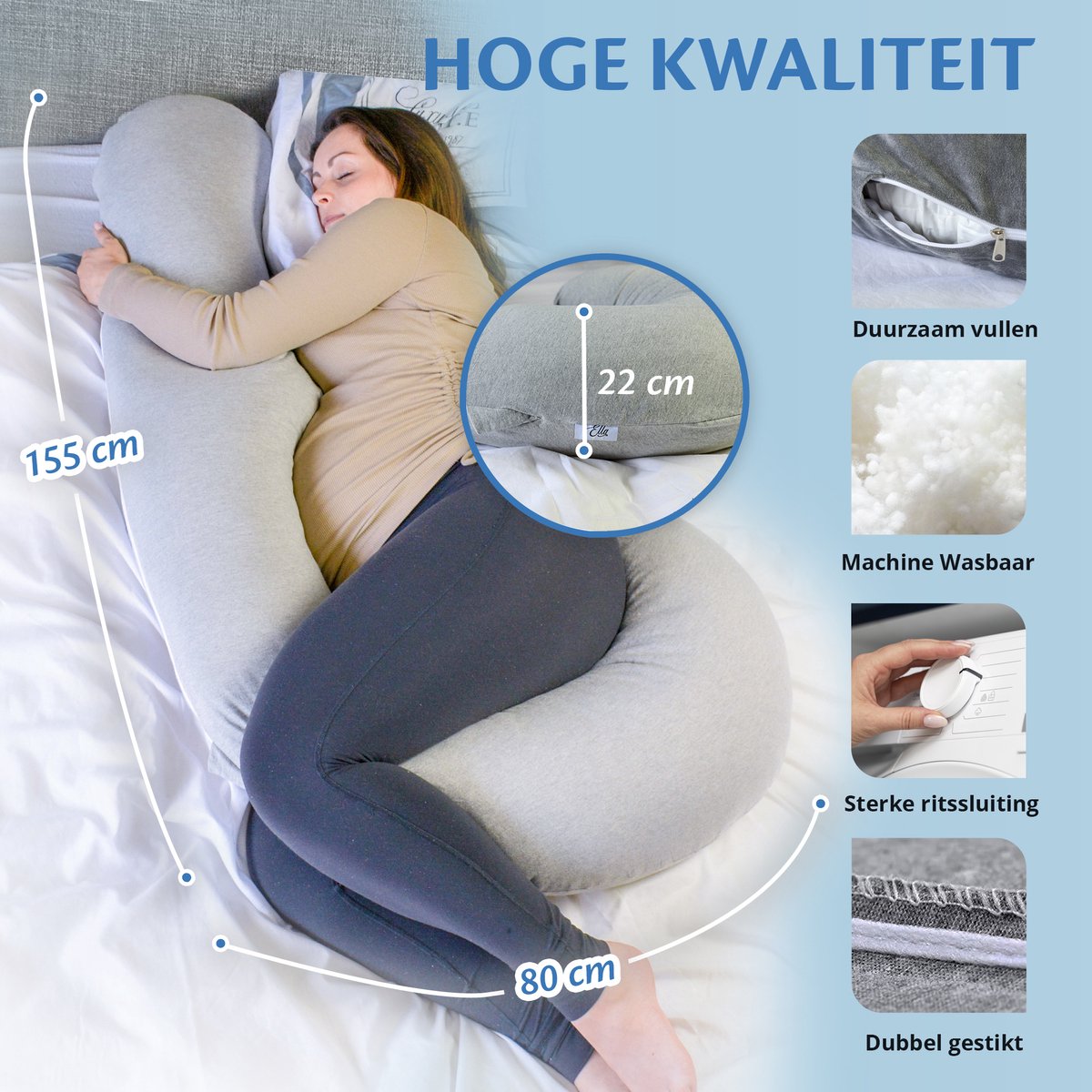 Ella J-Vorm Zwangerschapskussen XXL - Katoen Zijslaapkussen - Lichaamskussen - Voedingskussen - Body Pillow 155cm - Afneembare Hoes – foto 6